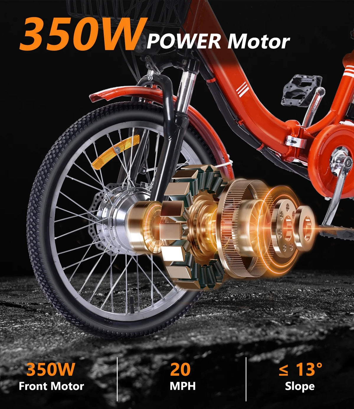 NOMIGO Electric Tricycle for Adults Folding Electric Trike 3 Wheel Electric Trike with Two-seater Large Basket Super Powerful Brushless 350W Motor 48V13AH Lithium Battery Max 20MPH E-Tricycle Orange