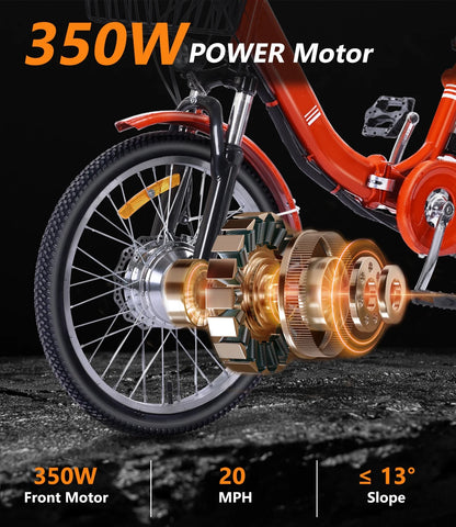 NOMIGO Electric Tricycle for Adults Folding Electric Trike 3 Wheel Electric Trike with Two-seater Large Basket Super Powerful Brushless 350W Motor 48V13AH Lithium Battery Max 20MPH E-Tricycle Orange