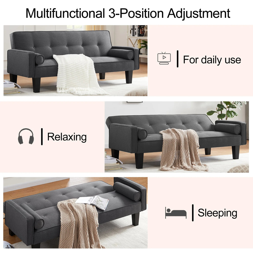 Convertible Futon Sofa Bed,Gray Upholstered Futon Couch Fabric Sleeper Sofa for Living Room Apartment