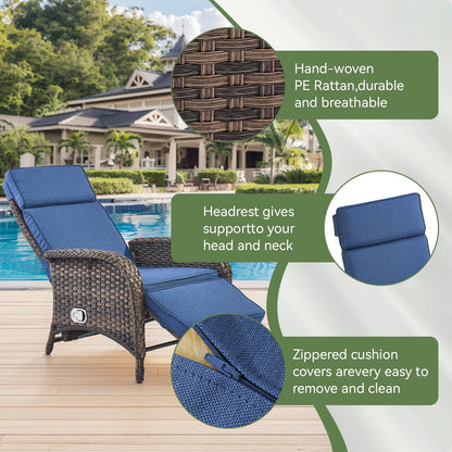 OPOHORO Outdoor Recliner Chair, Adjustable Reclining Patio Chair with Cushion, Wicker Outdoor Chaise Lounge with Adjustable Backrest and Footrest, Ideal for Pool Deck, Beige