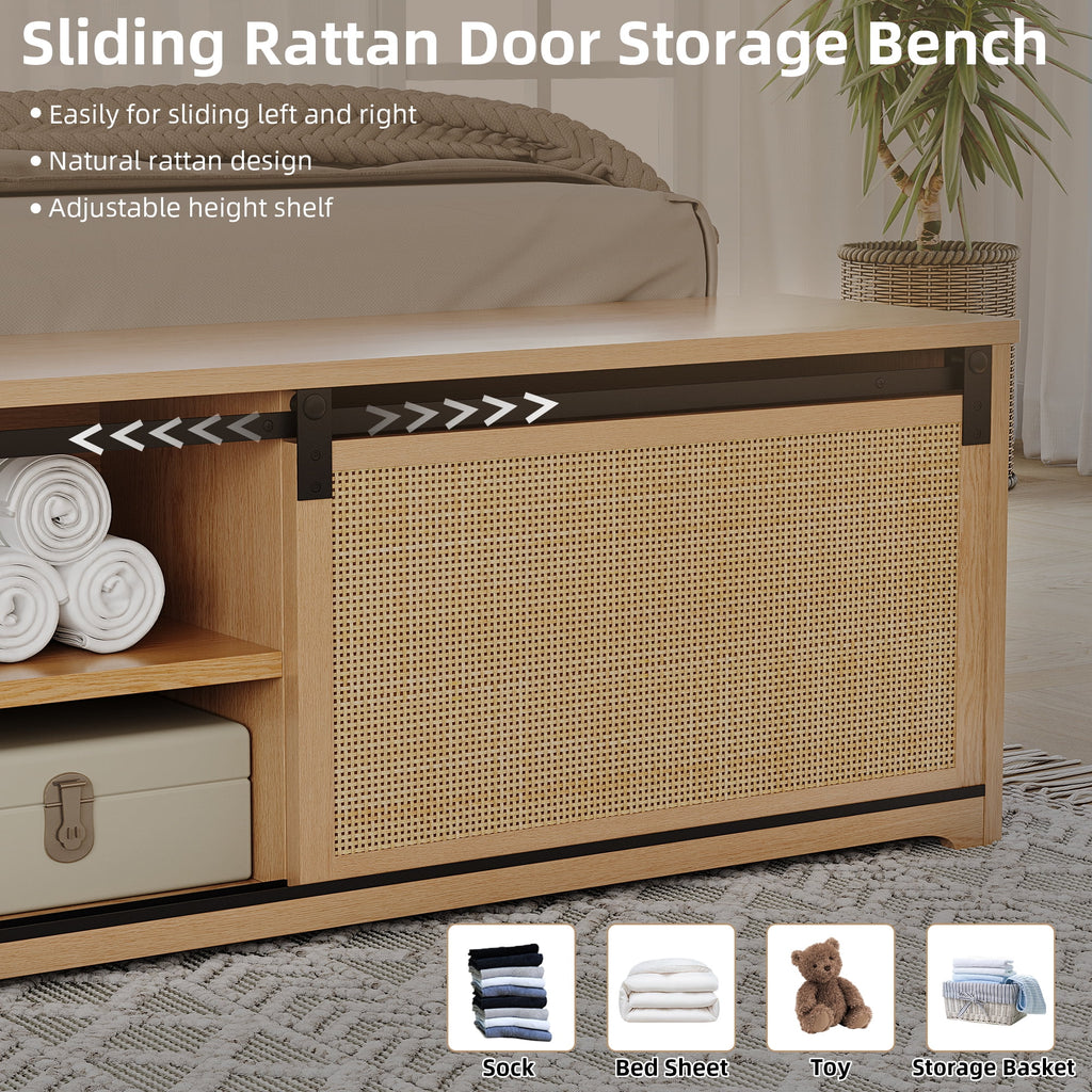 Natural Rattan Bed Frame with Sliding Barn Door Storage Cabinets and LED Light Headboard, Farmhouse Wood Platform Bed with Solid Wood Legs Support
