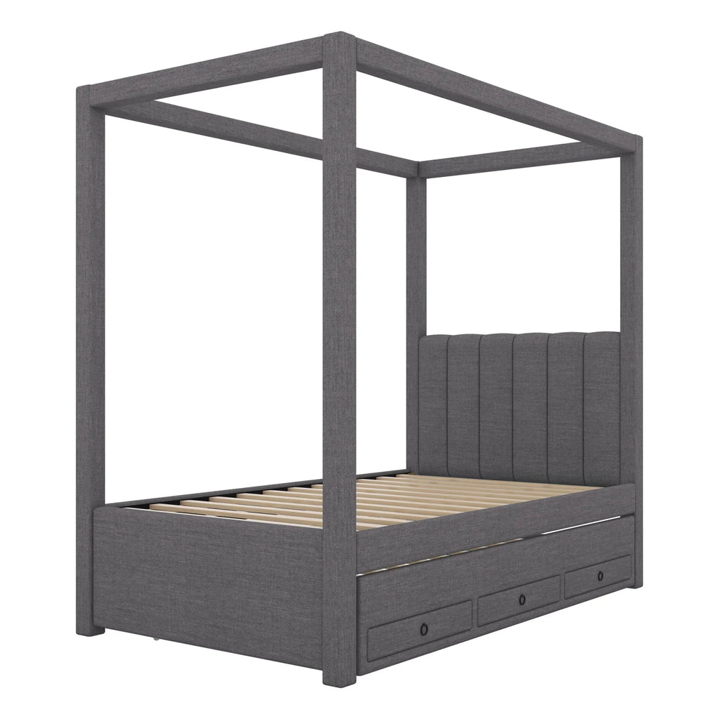 Harper & Bright Designs Twin Size Upholstery Canopy Platform Bed with Trundle and 3 Storage Drawers, Captain Platform Bed Frame with 4-Poster Canopy Roof, Beige