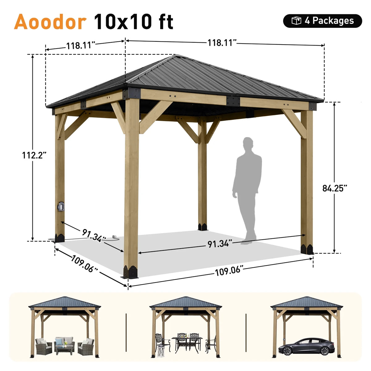 Aoodor 10 x 12 ft Wooden Frame Gazebo with 2-Tier Galvanized Metal Hardtop Roof, Outdoor Patio Gazebo with Charging Socket for Patio, Backyard, Deck, and Lawn