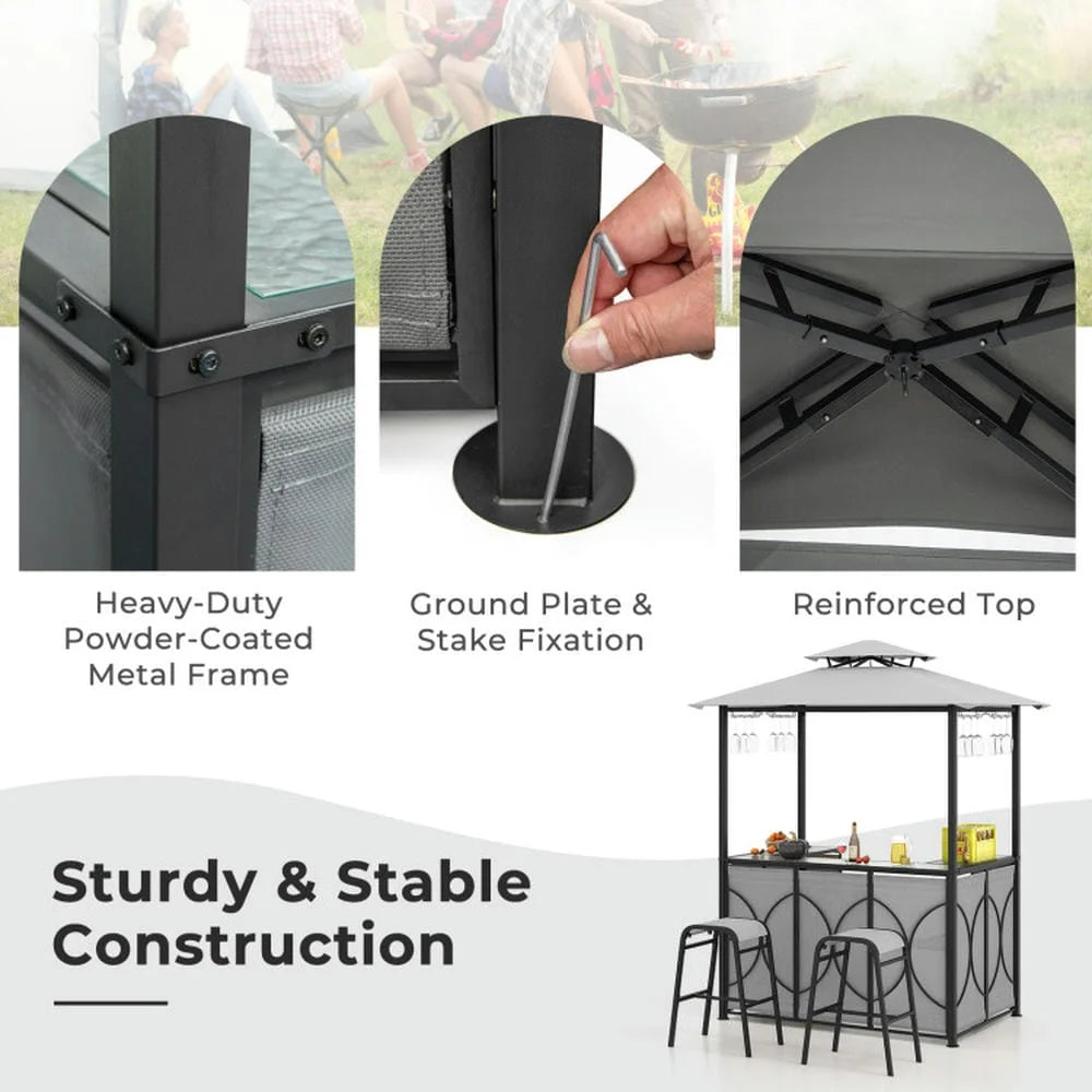 Aimee Lii 3-Piece Patio Bar Set Grill Patio Canopy & 2 Bar Stools with Tempered Glass Bar Table, Modern Patio Furniture for Outdoor Backyard Pool Deck-Brown