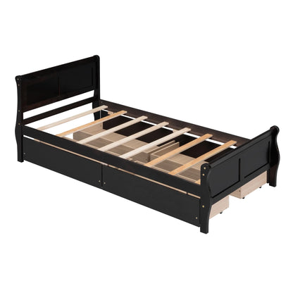 Full Size Wood Platform Bed with 4 Drawers,Storage Bed Frame with Streamlined Headboard and Footboard for Kids, Teens, Boys, Girls,Wooden Slats Support, No Box Spring Needed,Oak