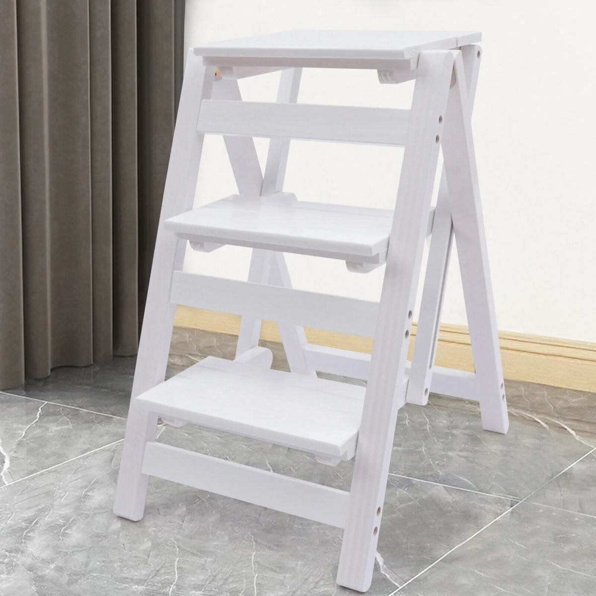 White 3-Tier Step Stool Solid Wood Folding Ladder Anti-Slip Step Stool