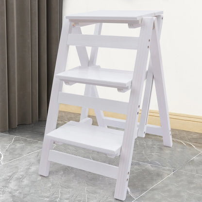 White 3-Tier Step Stool Solid Wood Folding Ladder Anti-Slip Step Stool