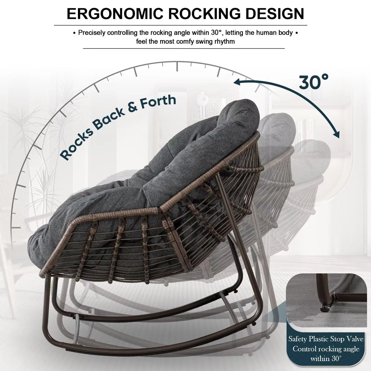 Outdoor Papasan Rocking Chair, Patio Oversized Wicker Egg Rocking Chair, Indoor & Outdoor Comfy Rocker Chair with Thick Cushion, Modern Lounge Chair for Front Porch, Garden, Backyard, Grey