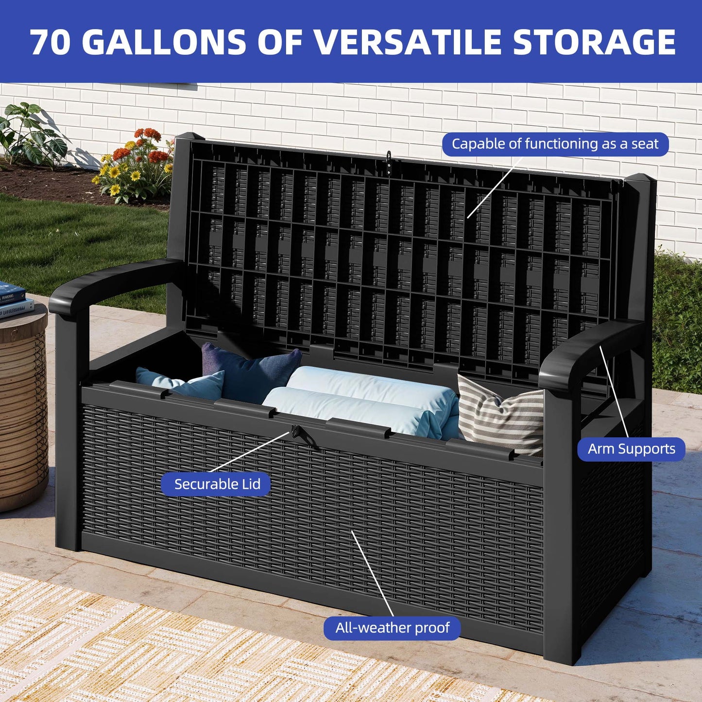 ModFusion 70-Gallon Outdoor Resin Storage Cabinet with Rattan Backrest �C Waterproof Patio Bench Seat, 500 lbs Capacity, Black