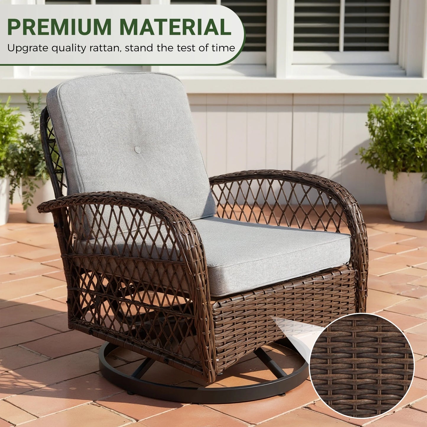 3 Piece Patio Swivel Rocker Chairs Set, 2 360-Degree Swivel Rocking Chairs with 1 Glass Top Table, PE Rattan Outdoor Bistro Set with Cushions for Balcony Deck Poolside Backyard Porch
