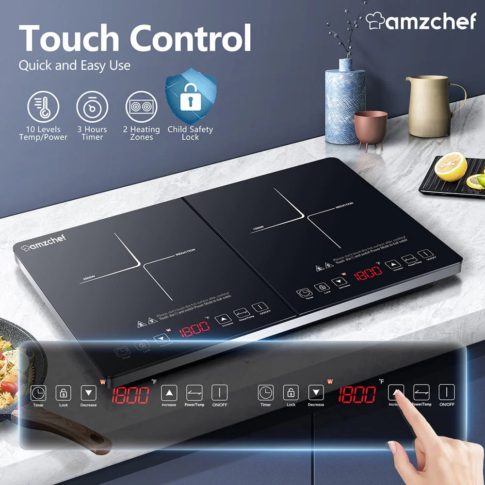 AMZCHEF 1800W Double Induction Cooktop Low Noise with Independent Control 2 Burners, 10 Temperature, 9 Power Levels, 3-hour Timer & Child Safety Lock
