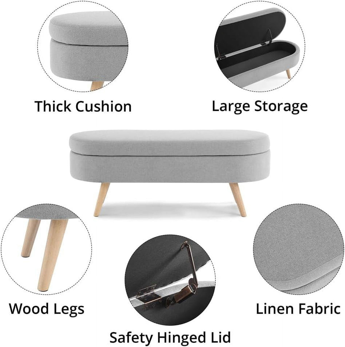 Sumdeal 43.5" Storage Ottoman Bench with 250lb Seating, Linen Upholstered Wood Legs Safety Hinge Flip Top Oval Foot Rest Long Stool for Sofa Couch Bedroom End of Bed Living Room Entryway, White