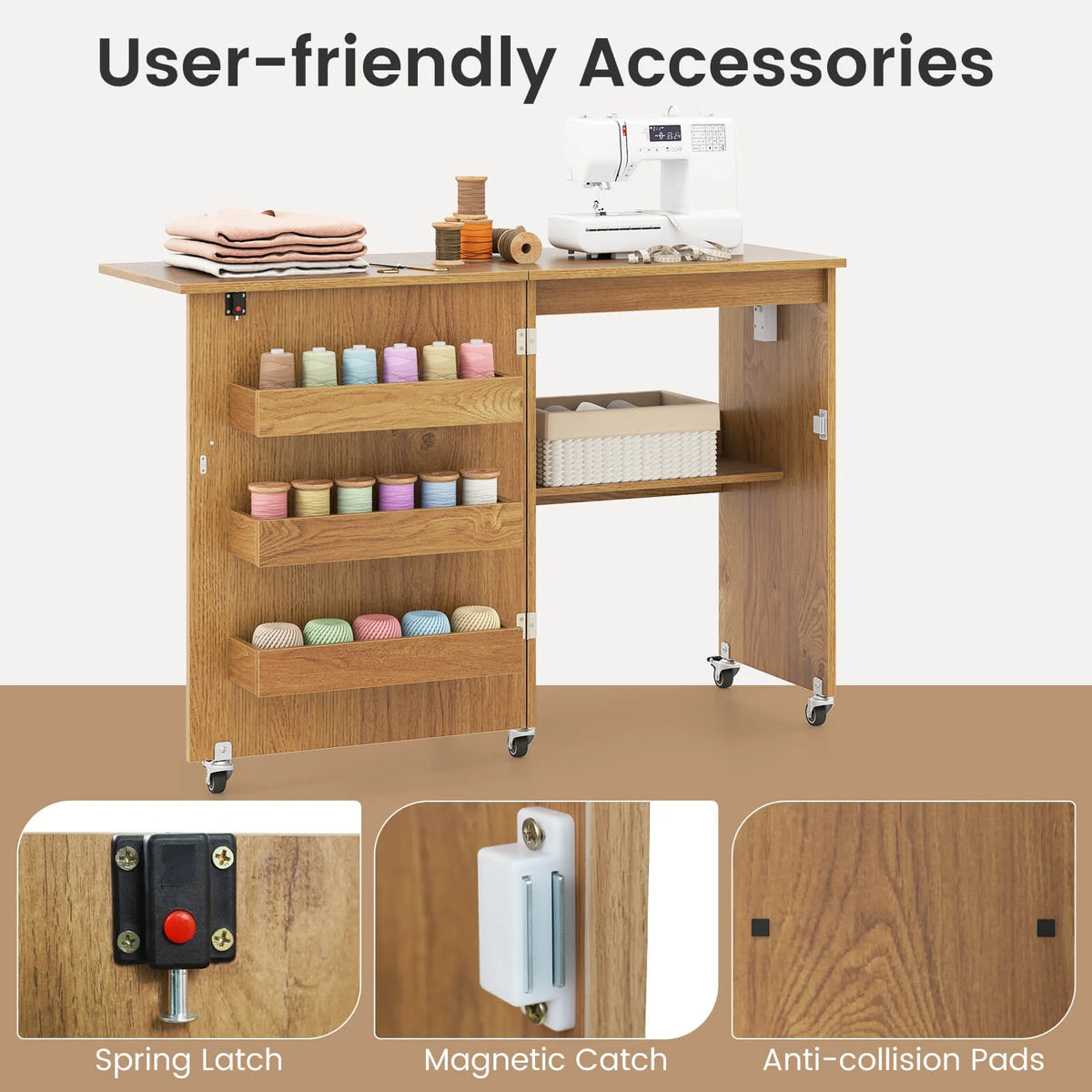 Costway Folding Sewing Table Rolling Craft Station with 3 Storage Bins & Charging Station Natural