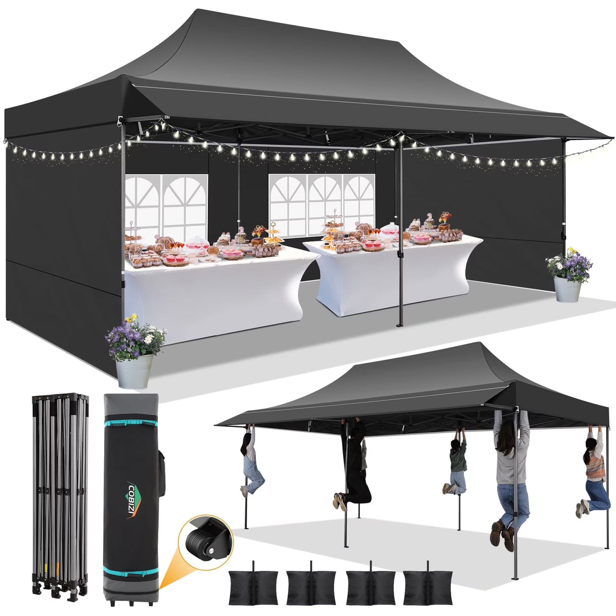 COBIZI 10x20 Pop Up Canopy Heavy Duty Party Tent with Removable Awning and Sidewalls,Easy Up Outdoor Wedding Canopy,Gazebo All Season Windproof&Waterproof with Roller Bag UPF 50+,Black