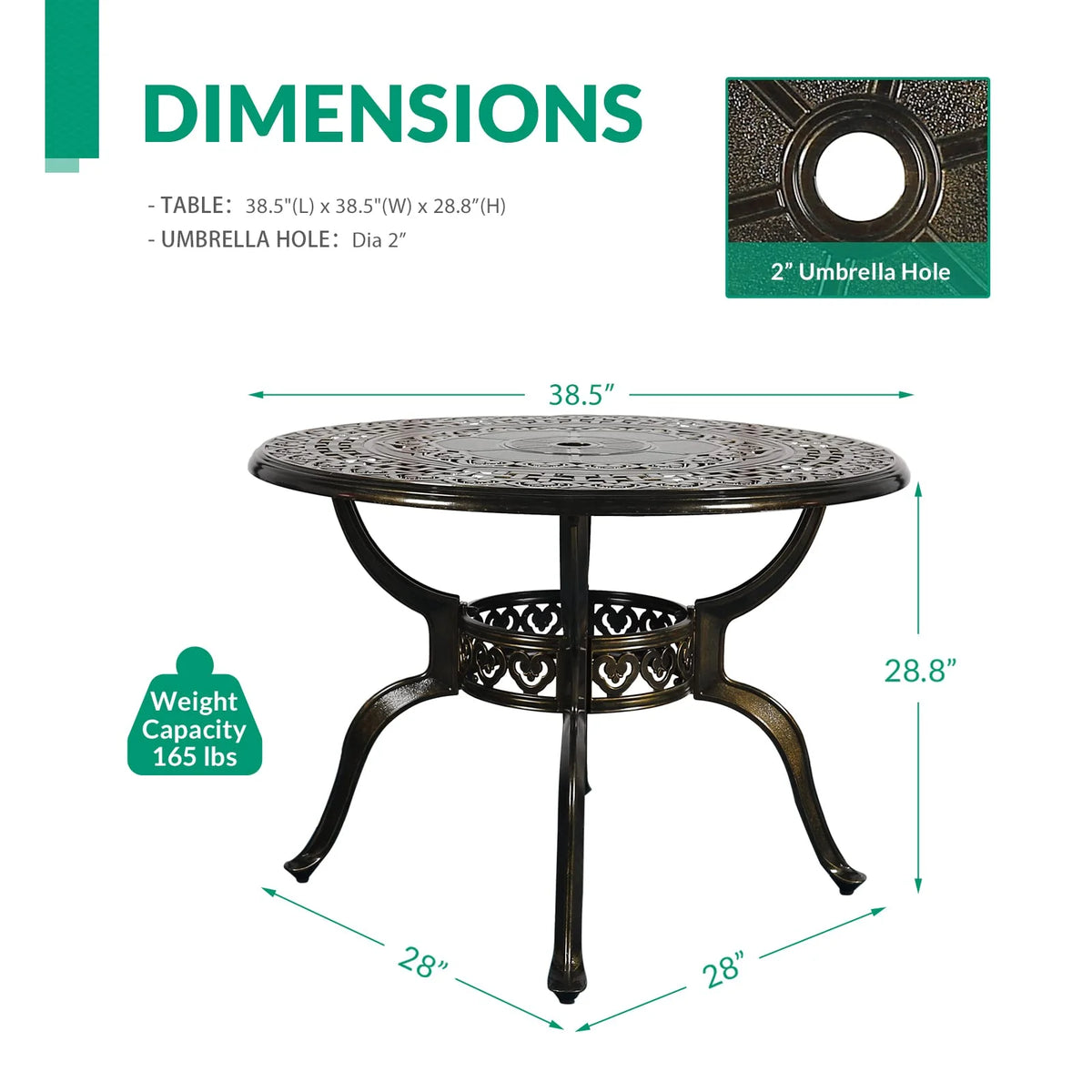VIVIJASON 38.3" Patio Bistro Table Outdoor Dining Round Table Bronze Cast Aluminum Table with Umbrella Hole