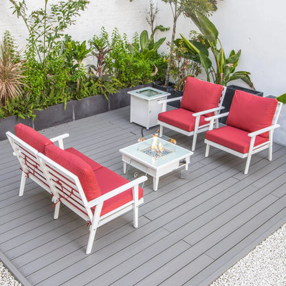 LeisureMod Walbrooke Modern Aluminum 5-Piece Patio Conversation Set with Outdoor Square Fire Pit Table with Slats Design & Side Table Tank Holder (Green)