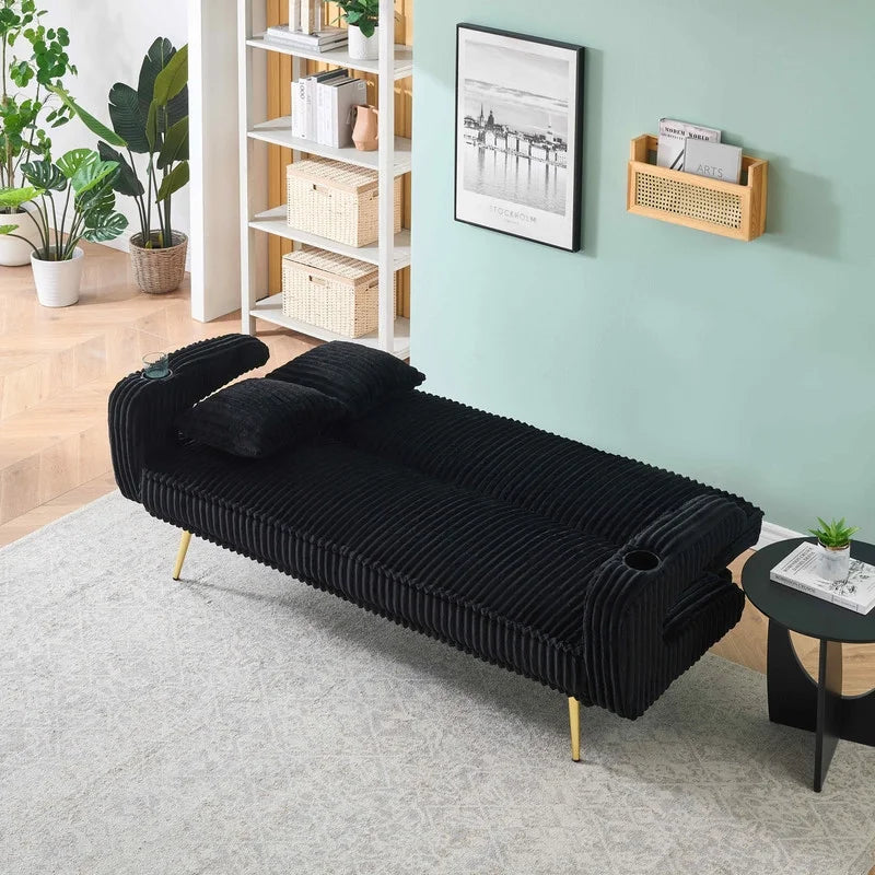 FFH Modern Corduroy Futon Sofa Bed with Adjustable Backrest,Convertible Loveseat Sleeper,Soft Couch with Drop-Down Table and Cup Holder for Living room,Pink