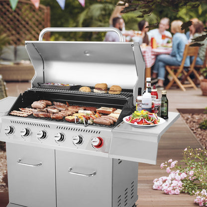 Gourmet GA6402S Stainless Steel Gas Grill, Premier 6-Burner BBQ Grill with Sear Burner and Side Burner, 74,000 BTU, Cabinet Style, Outdoor Party Grill, Silver