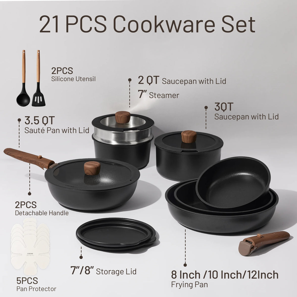 Carote 21 Pcs Nonstick Cookware Set, Pots and Pans Set with Detachable Handles, Oven/Dishwasher Safe, Stackable Kitchen Cooking Set, White Granite.
