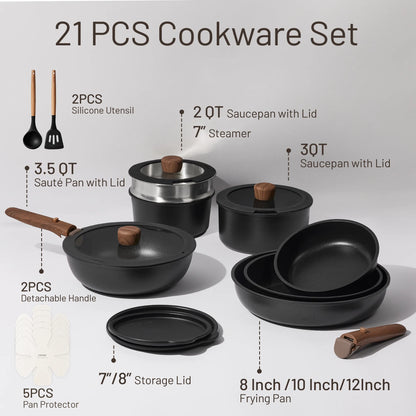 Carote 21 Pcs Nonstick Cookware Set, Pots and Pans Set with Detachable Handles, Oven/Dishwasher Safe, Stackable Kitchen Cooking Set, White Granite.