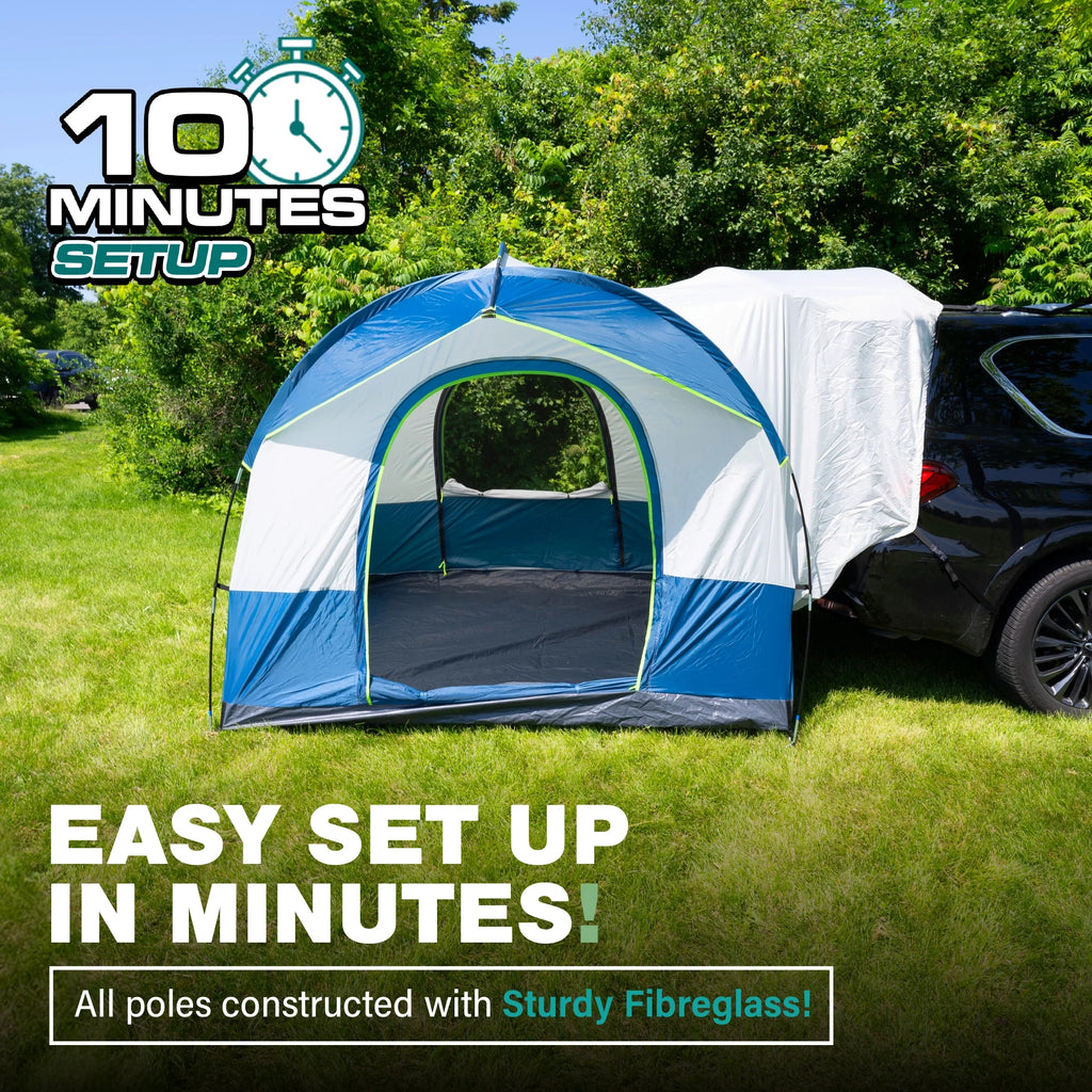 NEH Universal SUV Camping Tent - Up to 8-Person Sleeping Capacity, Includes Rainfly and Storage Bag - Car Tent, Tailgate Tent, Glamping Tent - 8'W x 8'L x 7.2'H Gray and Blue