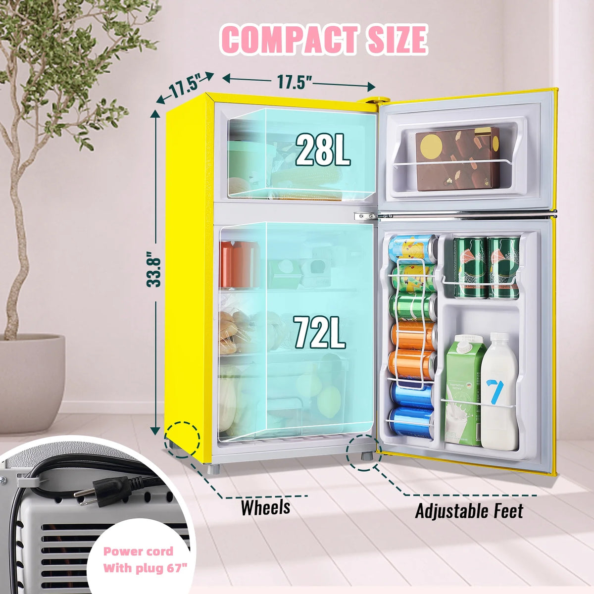 3.5 Cu.ft Compact Refrigerator WANAI Dual Doors Handles Mini Fridge with Top Freezer Blue New