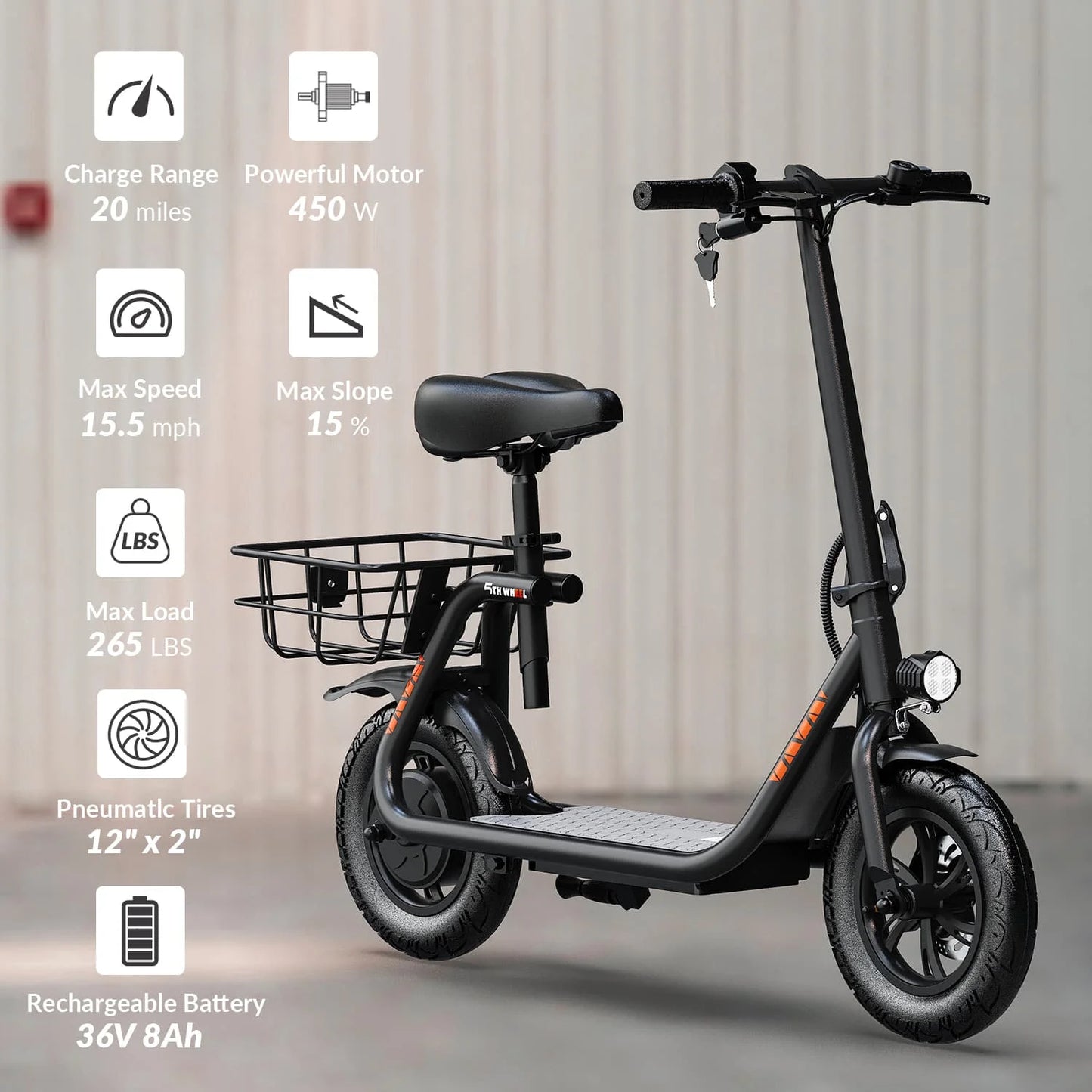 5TH WHEEL W18S 450W Motor Electric Scooter for Adults with Seat and Carry Basket, 36V 20Miles Range & 15.5Mph, 12" Foldable E Scooter for Commuting