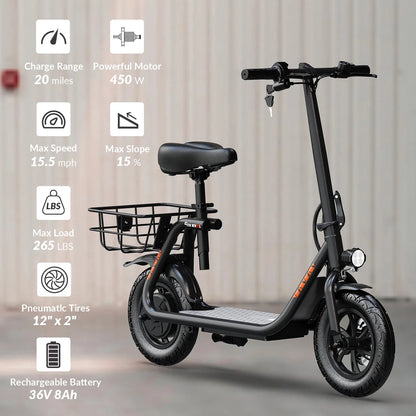 5TH WHEEL W18S 450W Motor Electric Scooter for Adults with Seat and Carry Basket, 36V 20Miles Range & 15.5Mph, 12" Foldable E Scooter for Commuting