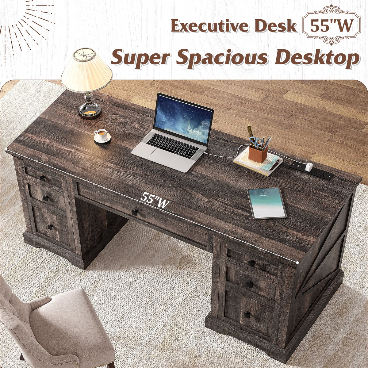 EnHomee Farmhouse Desk with Drawers, Wood Home Office Desk with Charging Station, Antique White
