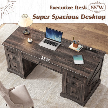 EnHomee Farmhouse Desk with Drawers, Wood Home Office Desk with Charging Station, Antique White