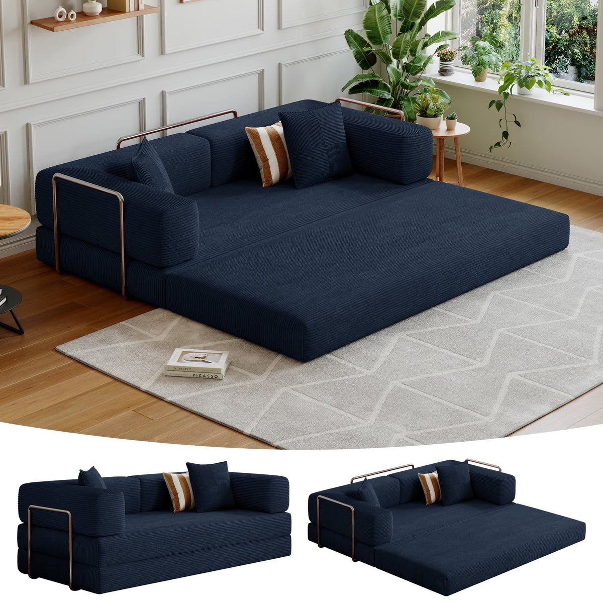 Convertible Sleeper Sofa Bed,Compressed Floor Boneless Couch,Modular Modern Corduroy Sofa for Living Room Bedroom -with Fixed-Shape Frame and Support Armrest,Easy Assembly(Green)
