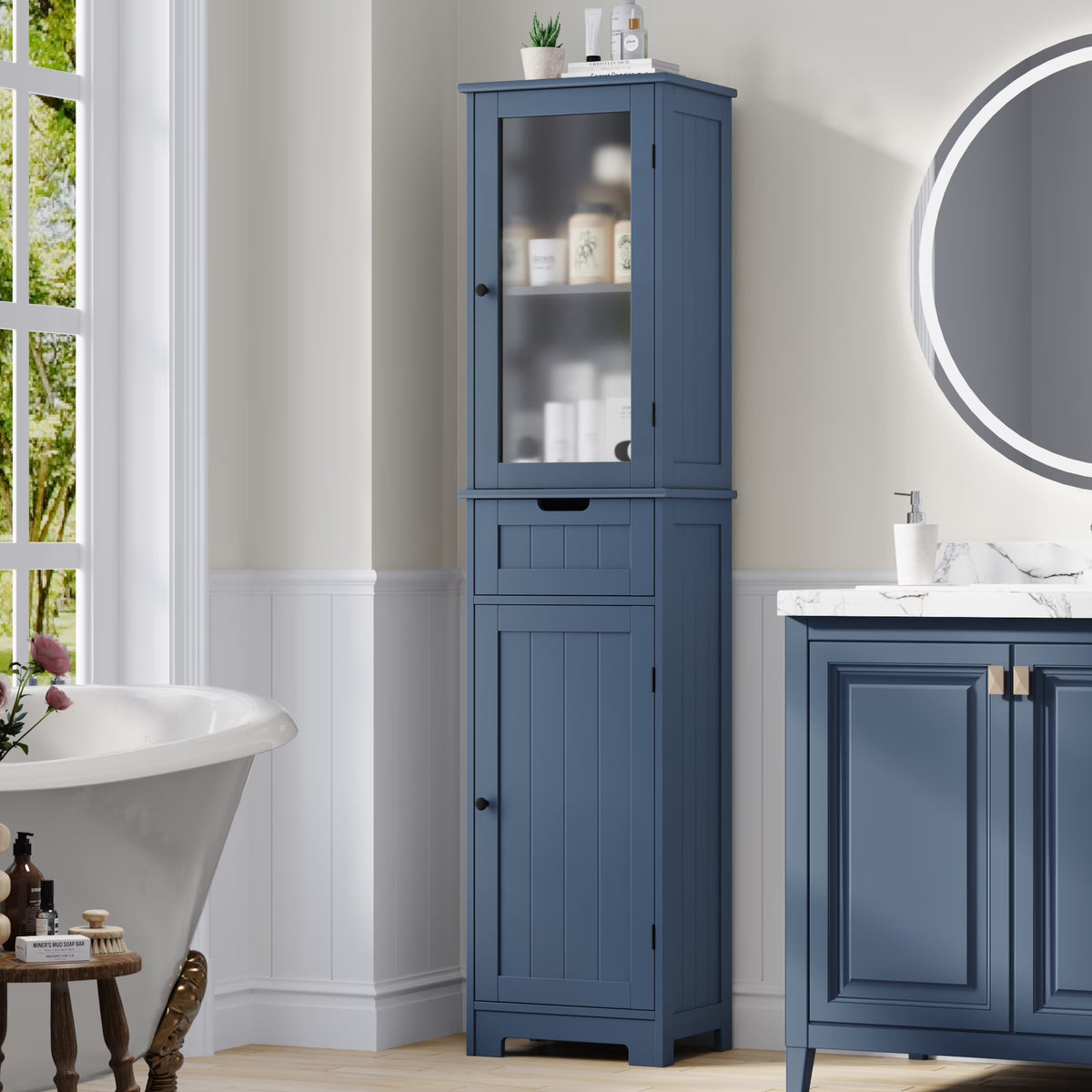 Homfa Bathroom Storage Tower, Narrow Linen Cabinet with Door and Drawers, Tall Bathroom Storage Cabinet for Small Spaces, White