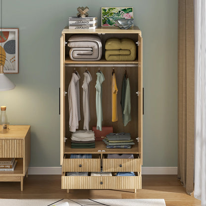 Armoire Wardrobe Closet with 2 Doors, Wardrobe Cabinet with Hanging Rod and Drawers, Wooden Closet for Bedroom, White