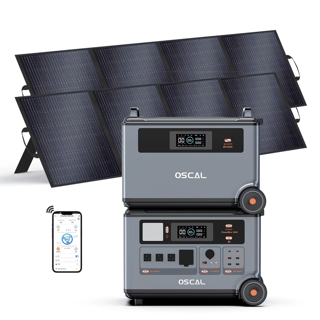 OSCAL PowerMax 6000 Portable Power Station, 3600Wh LiFePO4 Battery with 6000W Output, BP3600 Expansion Battery & 200W Solar Panels, Solar Generator for Camping, Home, Outdoor, Emergency Use