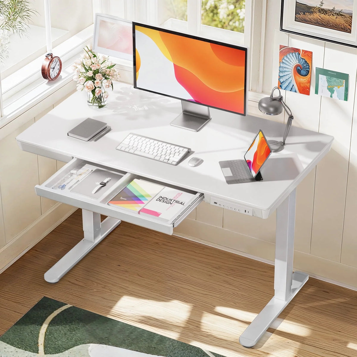 CHITOOMA Glass Top Electric Standing Desk with Drawer, 48'' x 24'' Electric Height Adjustable Desk with USB Charging Ports, Sit Stand up for Home Office