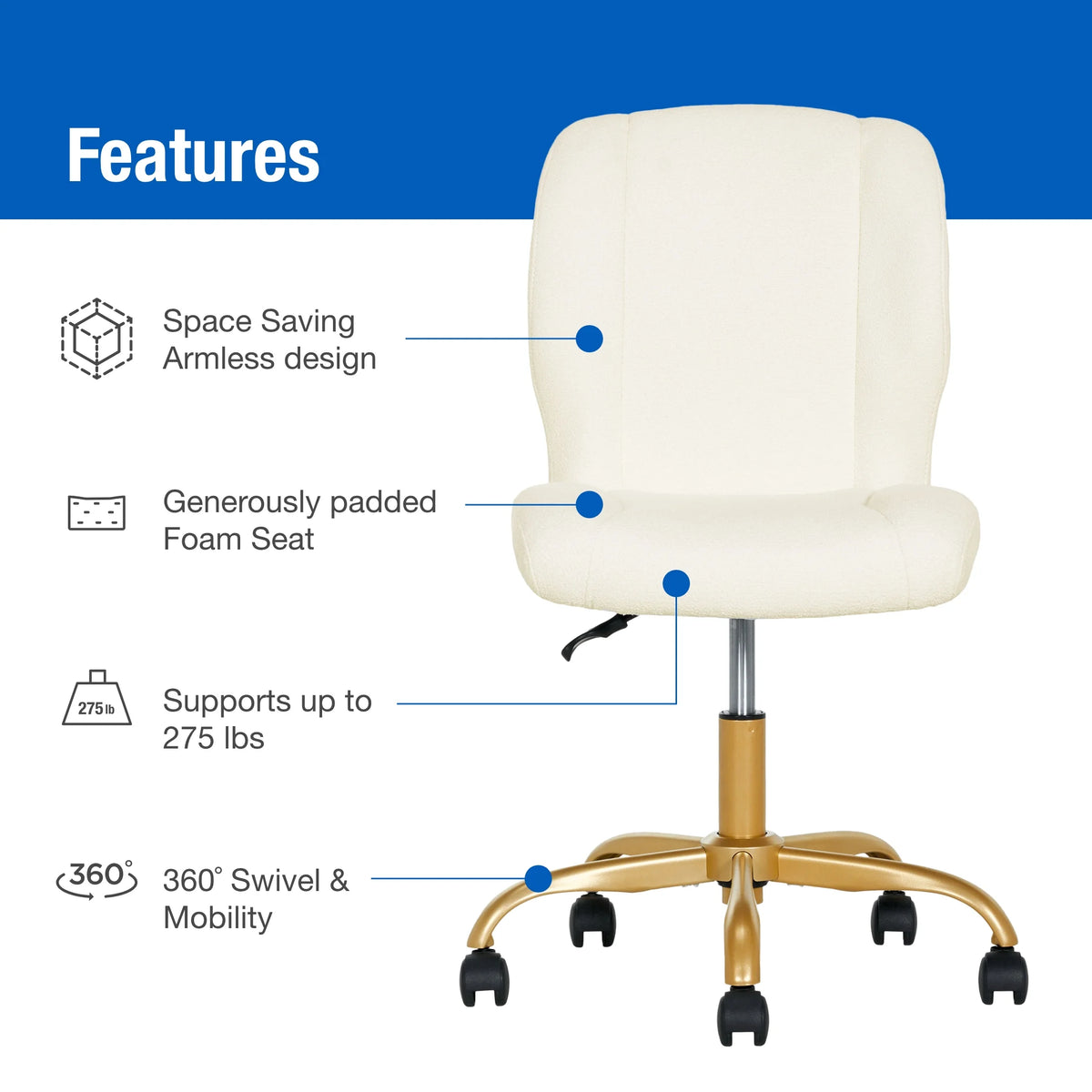 Mainstays Boucl�� Armless Office Chair for Adults and Teens, Cream