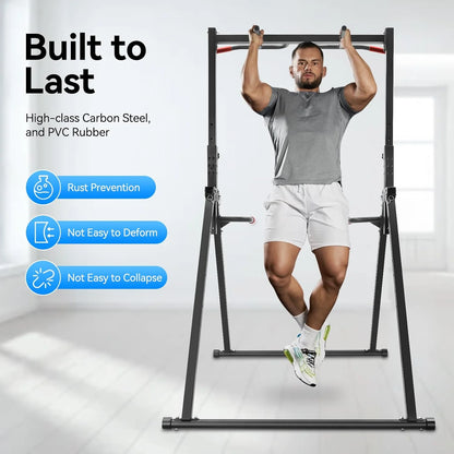Power Tower Pull Up Bar Station Foldable Pull Up Rack Dip Station 5.74-7.55ft Height Adjustable Home Strength Training Fitness Workout Equipment, Up to 440lbs (With double bars)