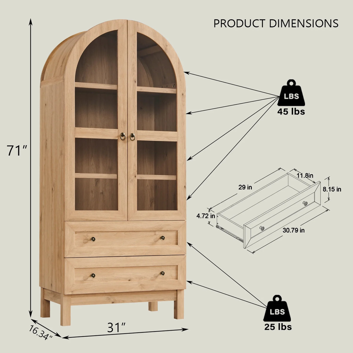 SinCiDo Arched Kitchen Pantry Storage Cabinet, 71-Inch Tall Wood Adjustable Shelves, 2 Doors, 2 Drawers