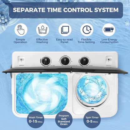 Qhomic Portable Washer 30lbs, 2-in-1 Twin Tub Washer & Dryer Combo Compact Semi-Automatic Washing Machine with Drain Pump, Black