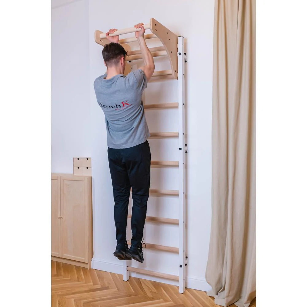 BenchK 711 White wall bars with adjustable solid beech wood pull-up bar