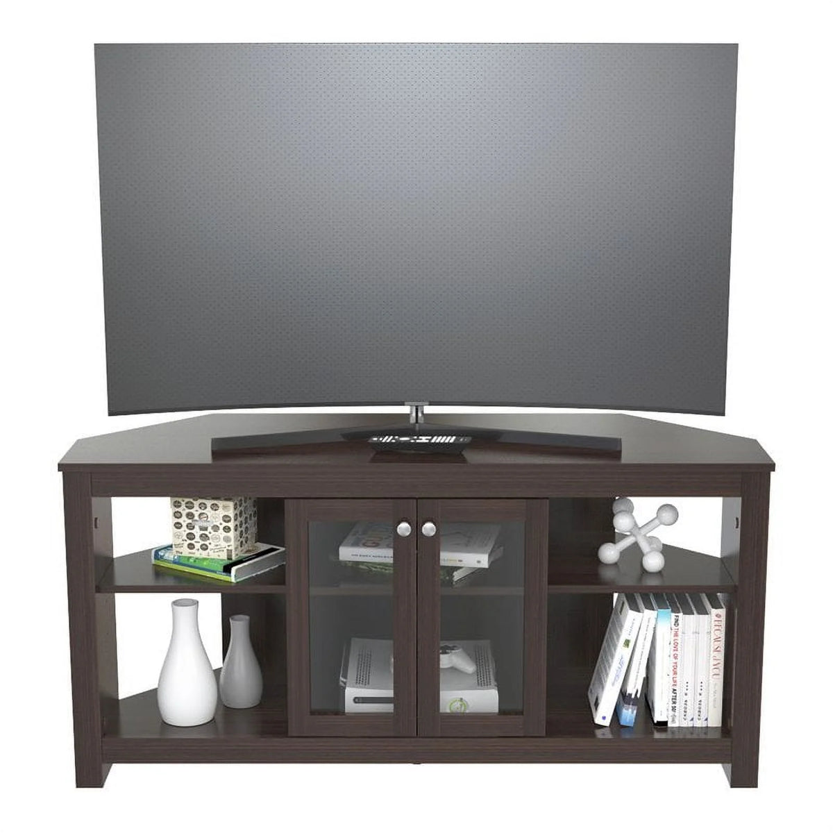 Inval Corner Laminate 60�� TV Stand with Glass Doors, White