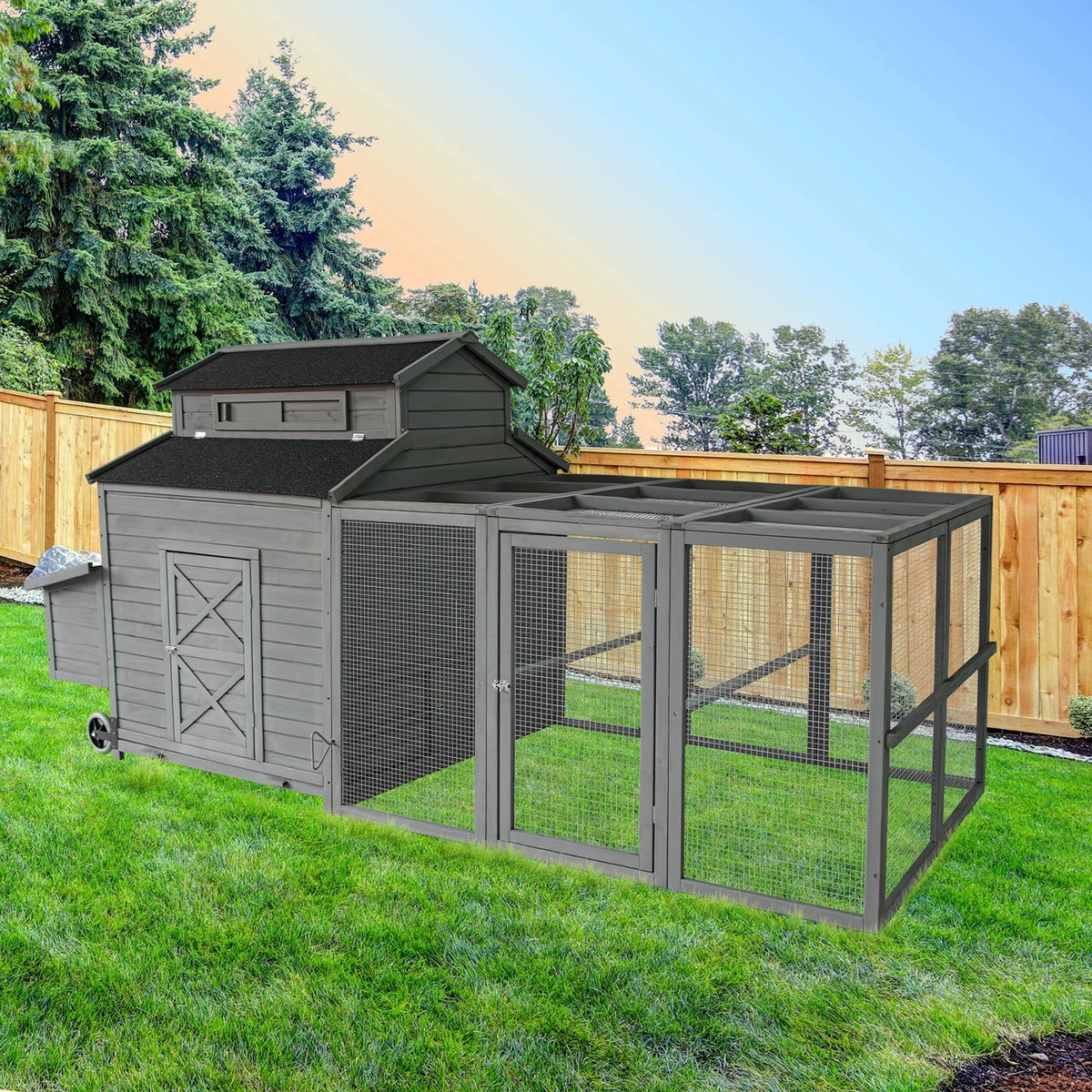 Chicken Coop for 6-10 Chickens, 112" Extal Large Chicken Coops, with Chicken Run & Nesting Box & Secure Enclosure, Outdoor Wooden Hen House Hutch for Rabbit, Poultry Pet, Duck