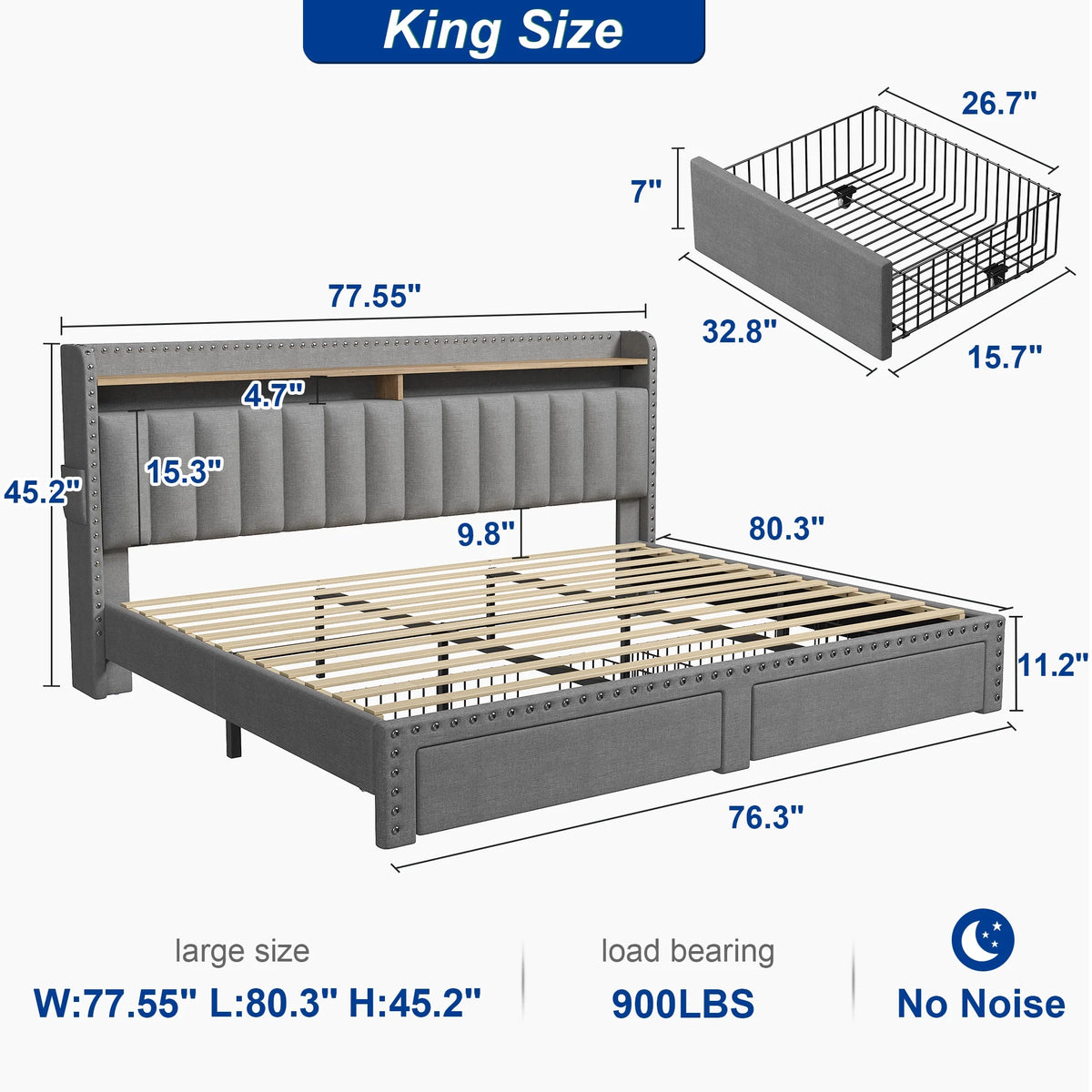 EnHomee Upholstered King Size Bed Frame with Headboard and Storage King Bed Frame with 2 Drawers,Grey