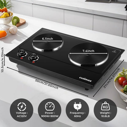 CUSIMAX 1800W Portable Double Burner Hot Plate �?Stainless Steel Countertop Electric Cooktop with Dual Cast Iron Heating Plates, Easy-to-Clean Silver Design, Upgraded Version