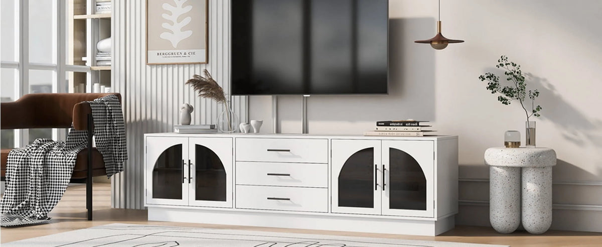 Euroco Modern TV Stand with Arched Glass Doors, Drawers & Adjustable Shelves for TVs up to 75 Inches
