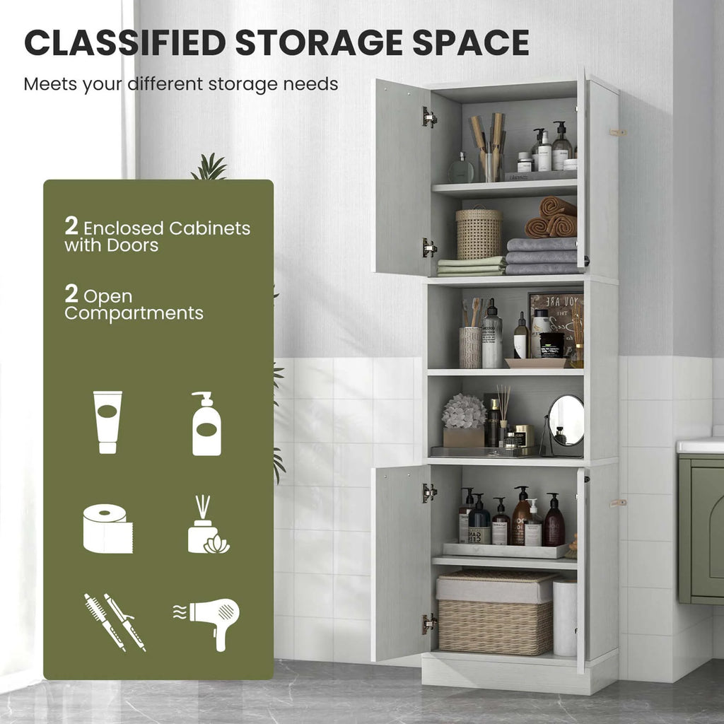 Costway 75" Tall Bathroom Storage Cabinet with 4 Doors & 2 Open Compartments Freestanding White
