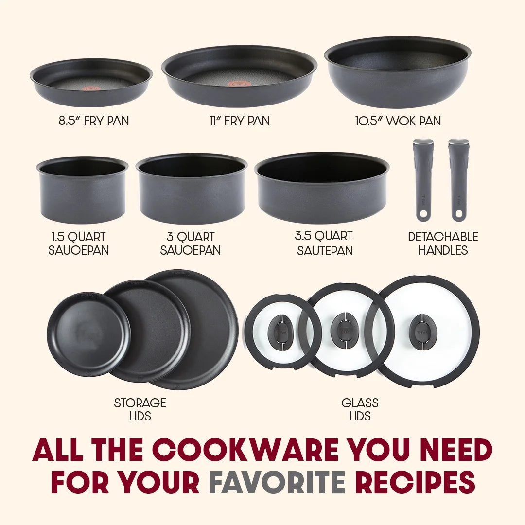 T-fal Ingenio Expertise Nonstick 14-Piece Cookware Set, Induction Oven Safe up to 500F, Detachable Handle, Onyx Black
