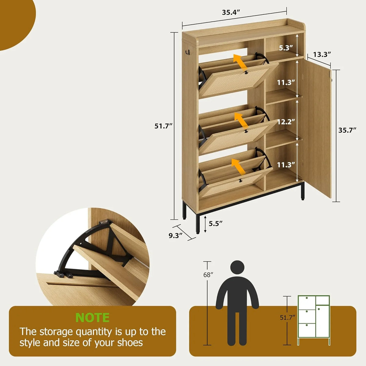 Garvee Rattan Shoe Storage Cabinet with Doors and 3 Flip Drawers, Freestanding Organizer with Adjustable Shelves for Entryway, Narrow Shoe Rack Cabinet for Hallway, Easy Assembly, Oak Color