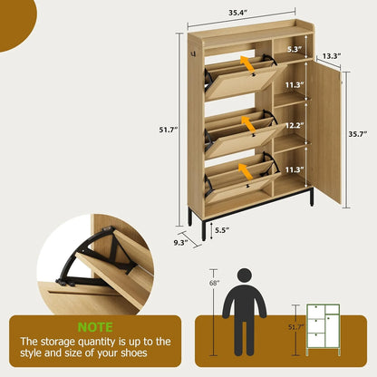 Garvee Rattan Shoe Storage Cabinet with Doors and 3 Flip Drawers, Freestanding Organizer with Adjustable Shelves for Entryway, Narrow Shoe Rack Cabinet for Hallway, Easy Assembly, Oak Color