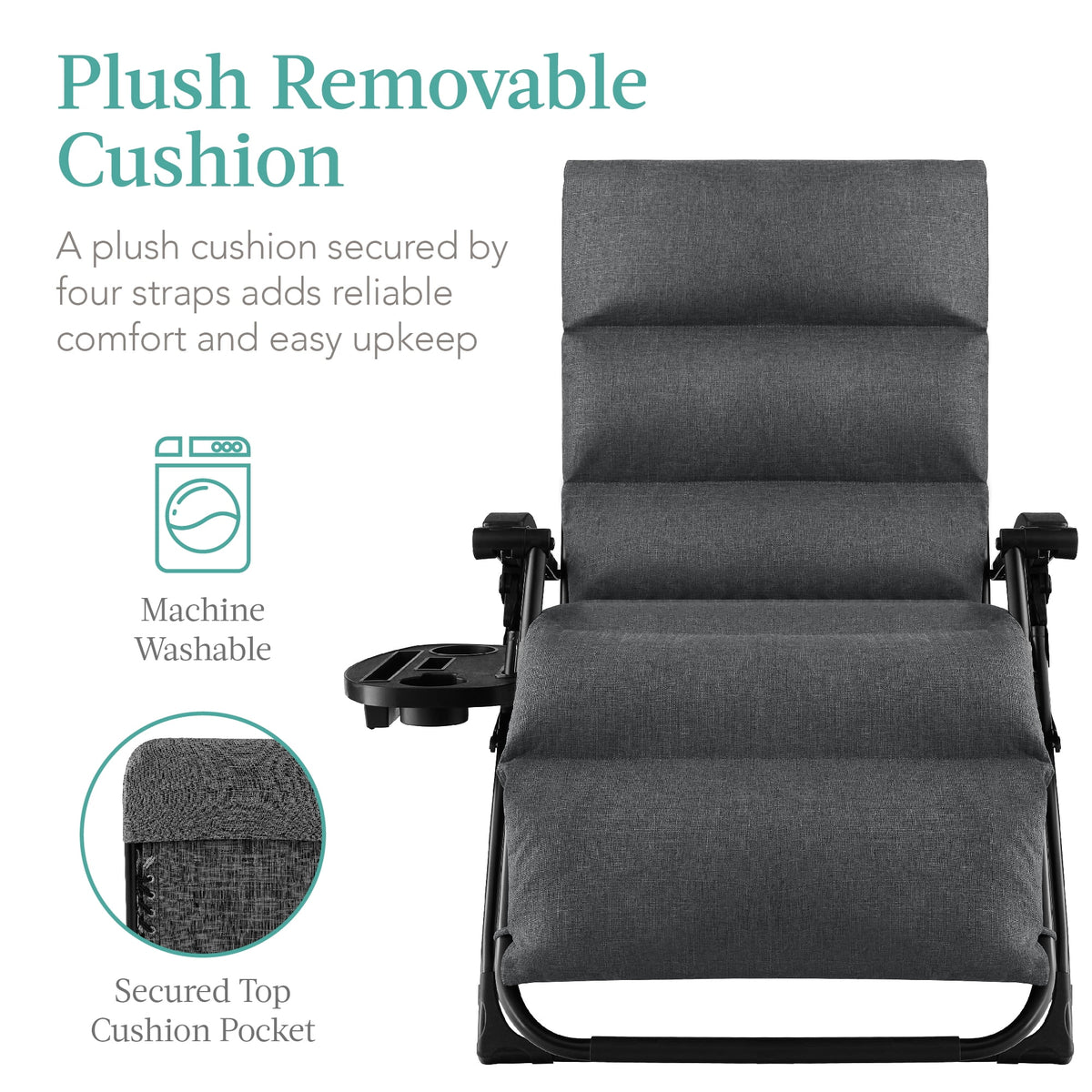 Best Choice Products Oversized Zero Gravity Chair, Folding Recliner w/ Removable Cushion, Side Tray - Fossil Gray